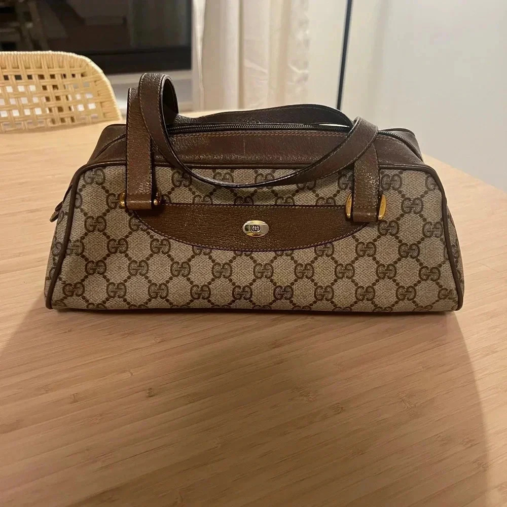 AUTHENTIC GUCCI BAG canvas Leather Borse Gucci, vintage barrel bag beige brown